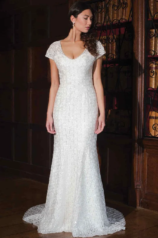 Sheath T-Shirt-Sleeve V-Neck Lace Wedding Dress With Beading And Keyhole-MK_703018