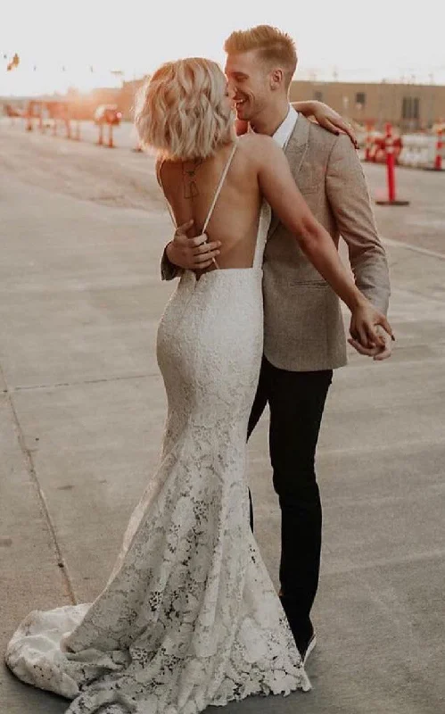 Simple Mermaid Spaghetti V-neck Lace Sleeveless Wedding Dress with Train Casual Sexy Elegant Country Garden Beach-716808