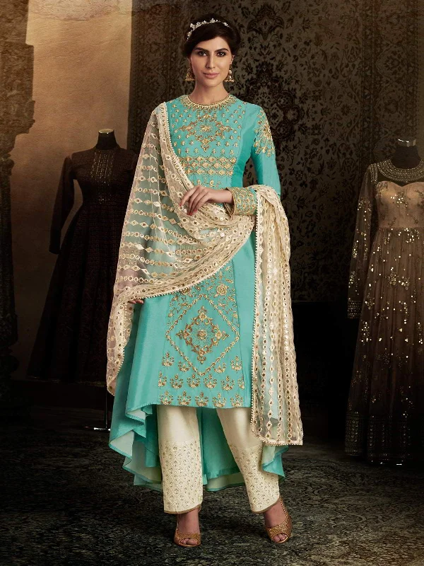 Sky Blue Embroidered Party Wear Pant Suit