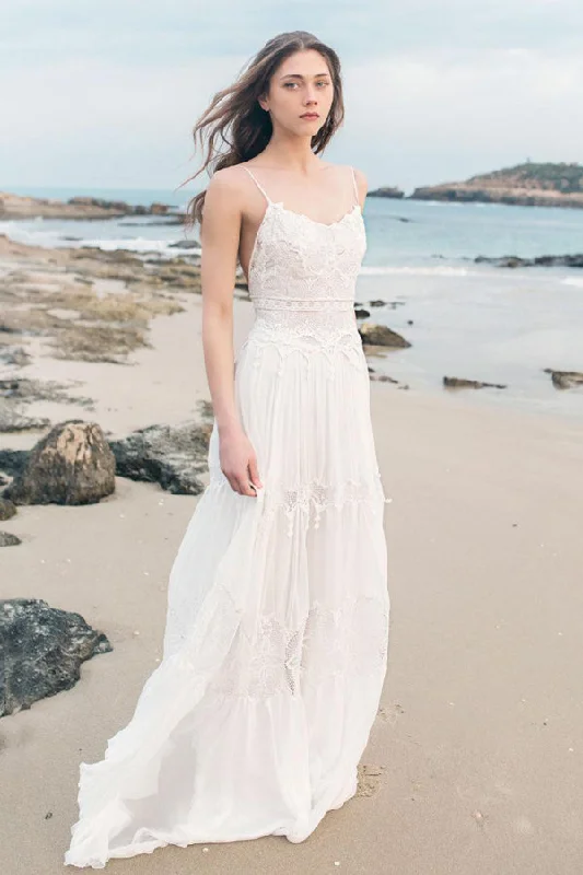 Spaghetti Sleeveless Chiffon Beach Boho Wedding Dress-715056