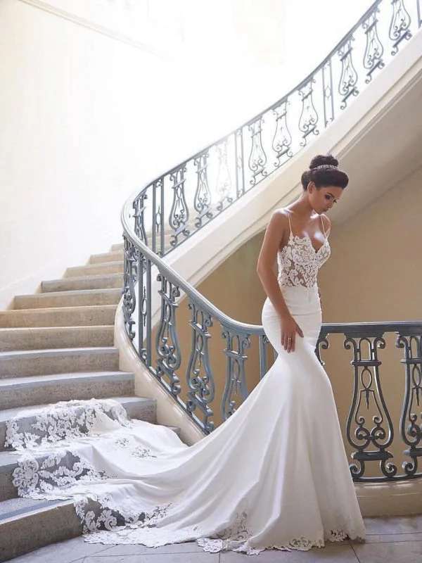 Stunning Spaghetti Straps Wedding Dress | Mermaid Chiffon Lace Bridal Dress