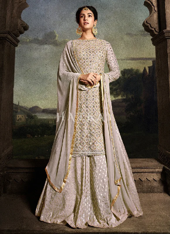 Taupe Grey Golden Embroidered Sharara Suit