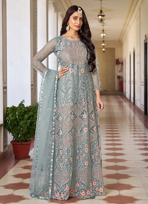 Teal Blue Traditional Net Anarkali Suit