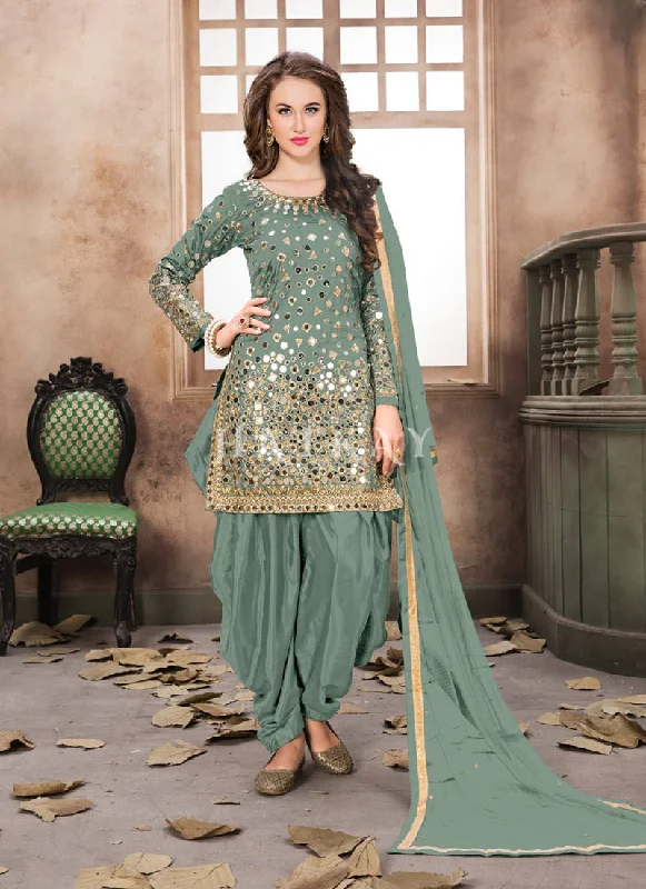 Teal Mirror Work Punjabi Suit