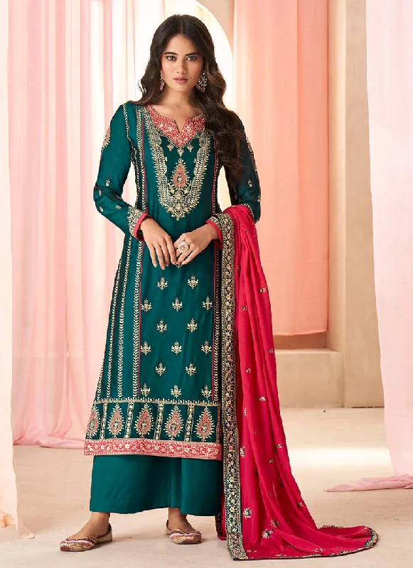 Turquoise And Red Multi Embroidery Palazzo Suit