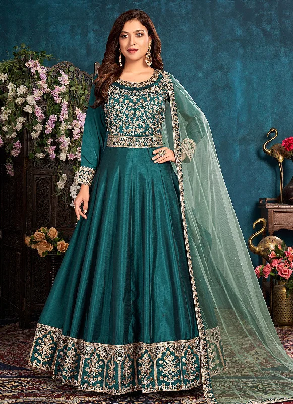 Turquoise Embroidered Belt Style Silk Anarkali Suit