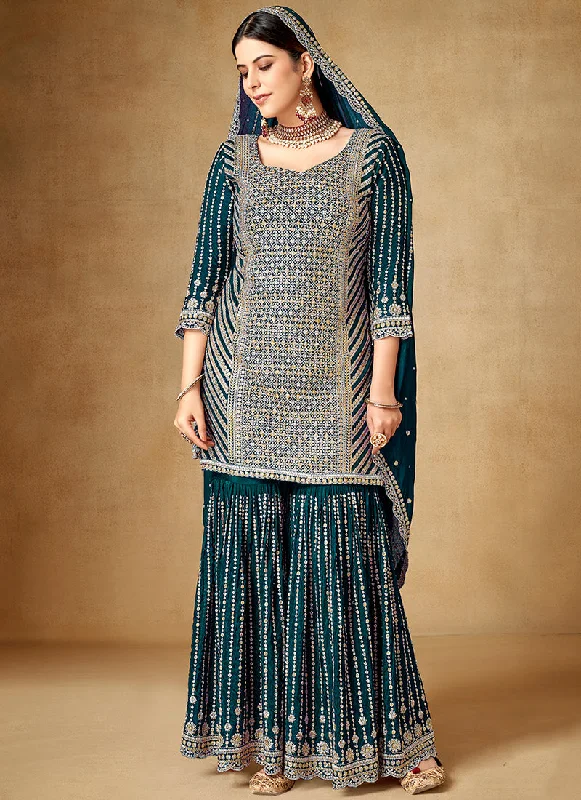 Turquoise Sequence And Zari Embroidery Gharara Suit