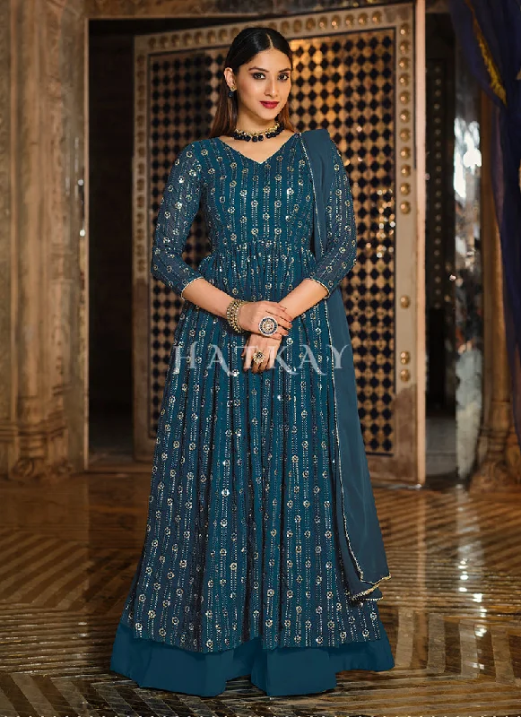 Turquoise Sequence Embroidered Pleated Anarkali Lehenga Suit