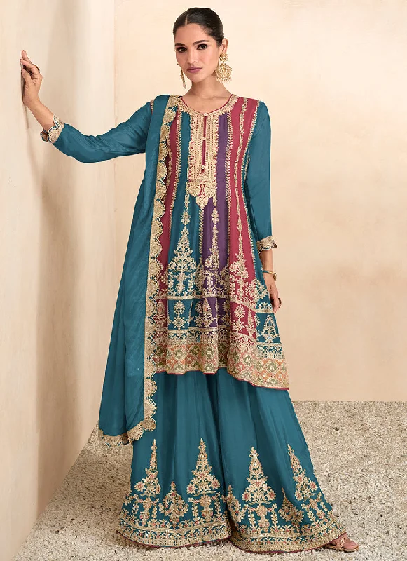 Turquoise Sequence Embroidery Anarkali Gharara Suit