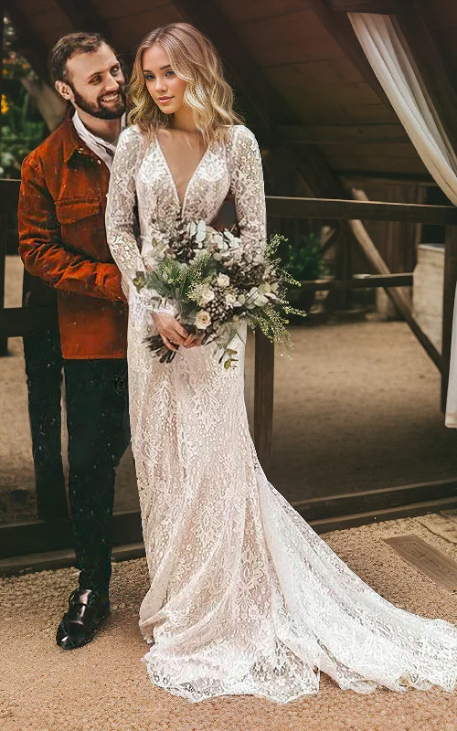 Vintage Modest Long Sleeve Boho Lace A-Line Sweep Train Wedding Dresses with Backless and Embroidery