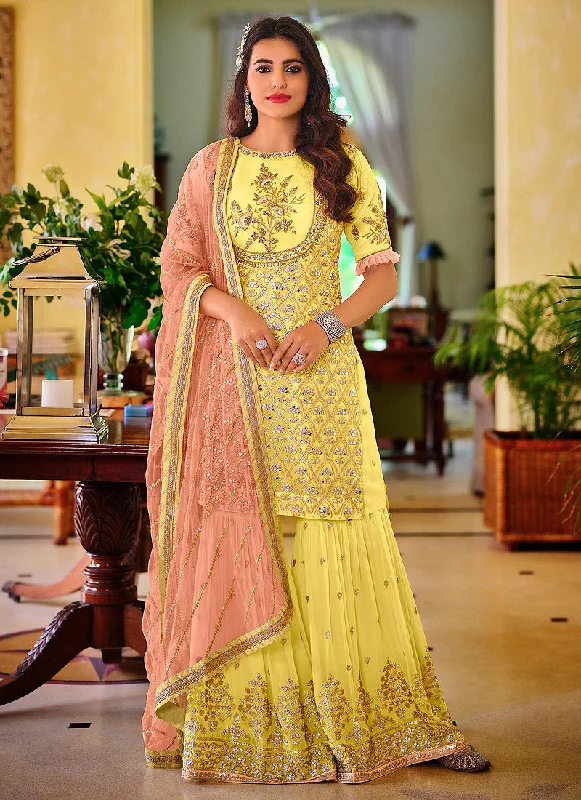 Yellow And Peach Golden Embroidered Wedding Sharara Suit