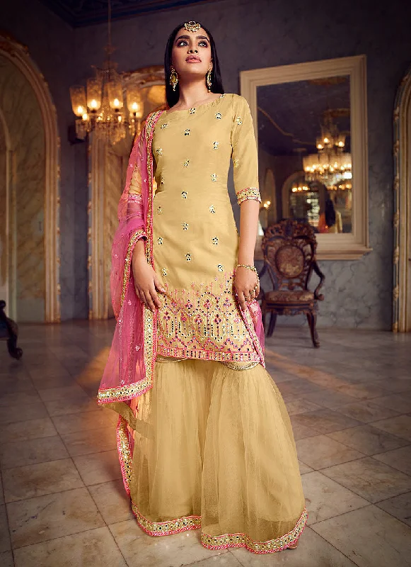 Yellow And Pink Mirror Embroidered Gharara Suit