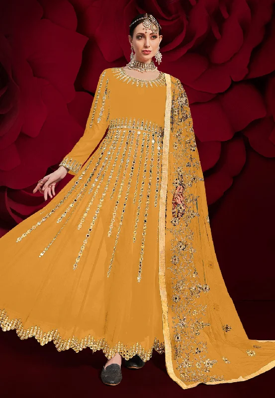 Yellow Golden Mirror Work Flared Anarkali Pant Suit