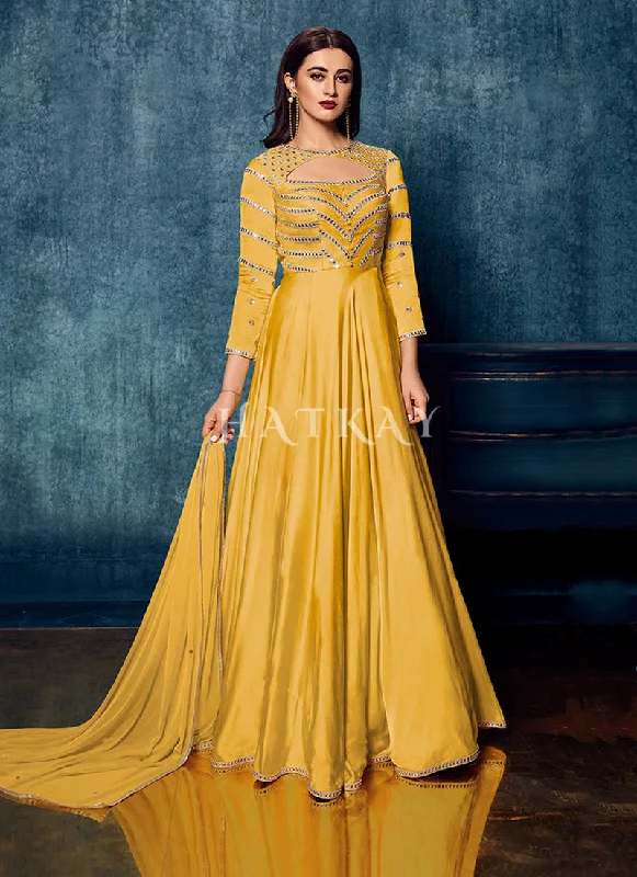 Yellow Mirror Embroidered Designer Gown