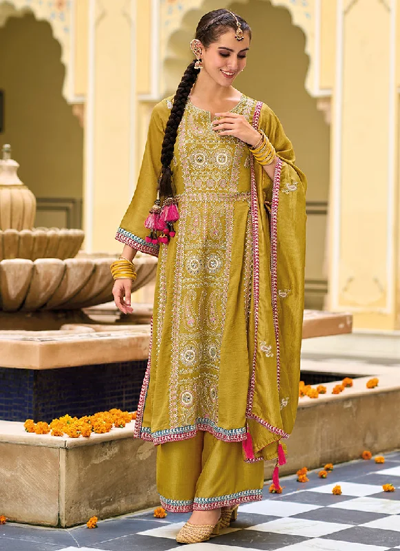 Yellow Mirror Work Embroidery Traditional Palazzo Suit