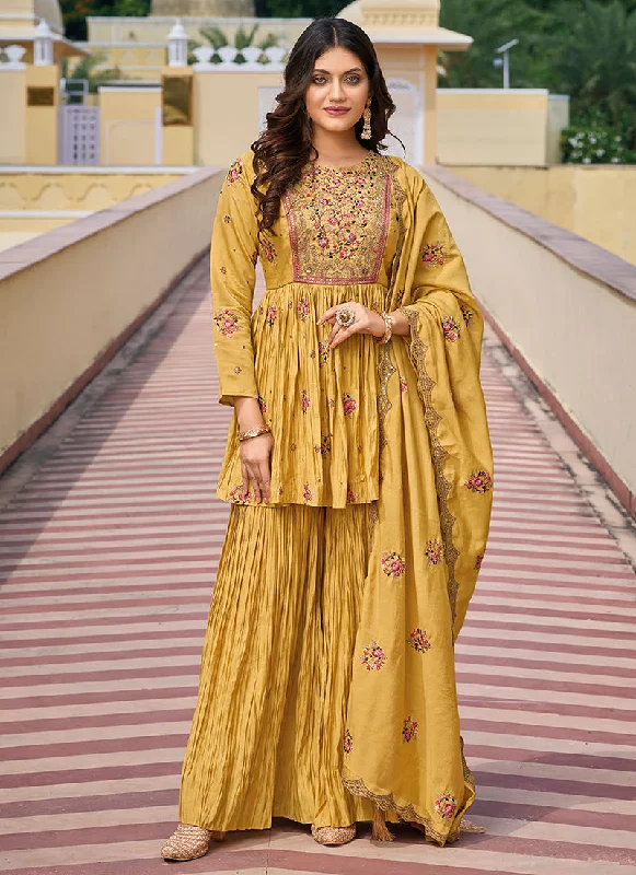 Yellow Multi Embroidered Designer Gharara Suit