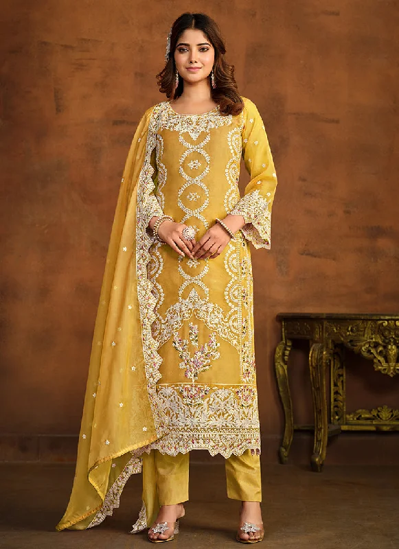 Yellow Sequence Embroidery Traditional Pant Style Suit